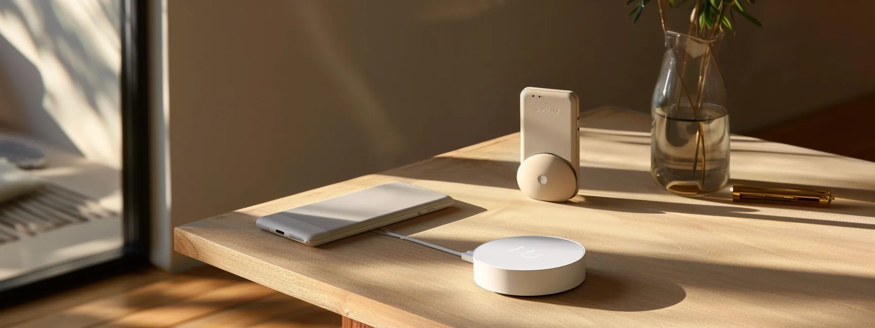 en una mesa bien iluminada, se muestra una moderna cerradura inteligente lista para ser instalada y configurada, junto a un smartphone con la aplicación correspondiente abierta.