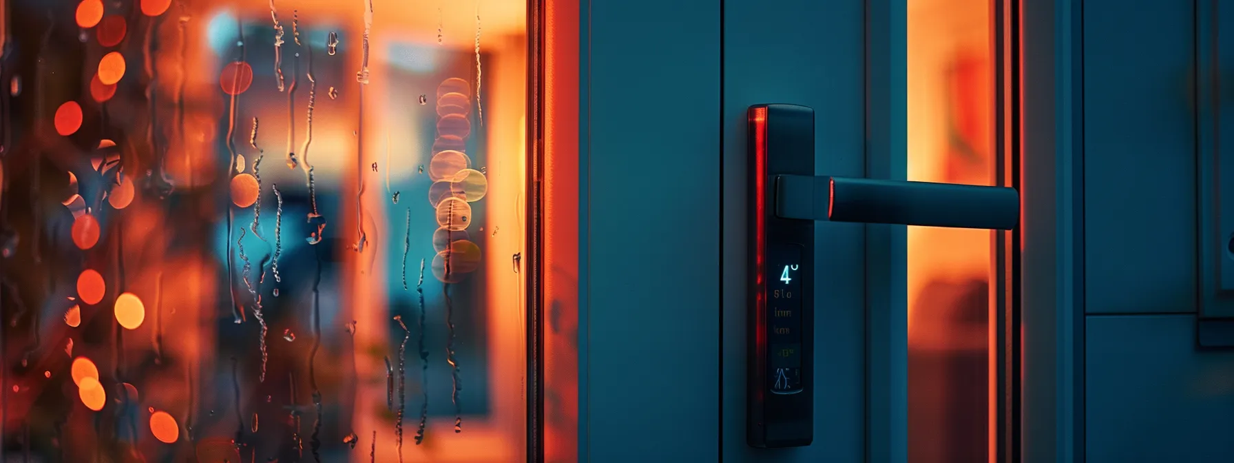una cerradura electrónica con control remoto a través de una aplicación móvil en una puerta de hogar moderna.