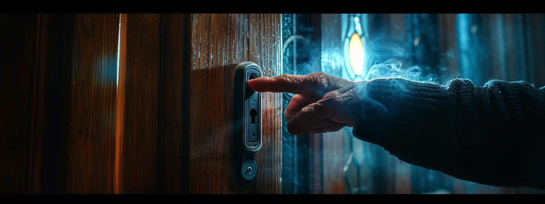 una mano cambiando una cerradura vieja por una nueva y robusta en una puerta de entrada, simbolizando seguridad y protección en un nuevo hogar.