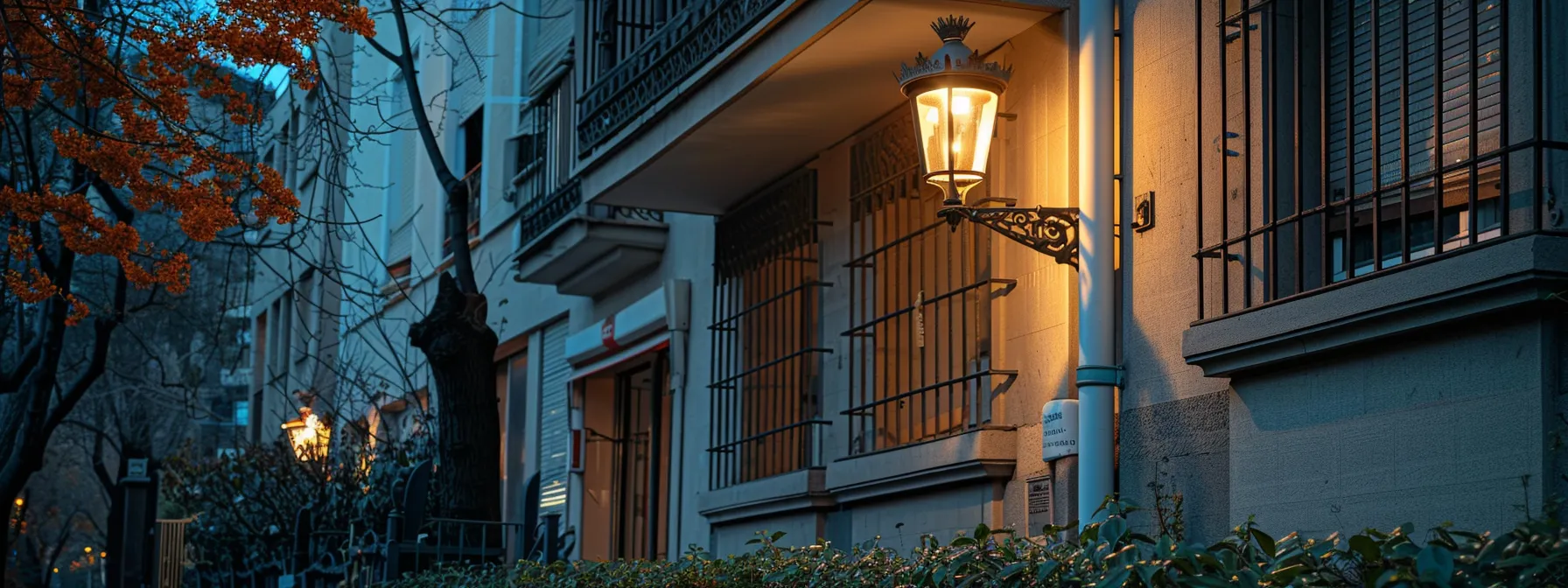 una imagen de una casa con alarmas y sensores de movimiento, cámaras de vigilancia y iluminación estratégica integrada para la seguridad electrónica, supervisada por la policía y con capacidad de monitorización remota, en una ciudad como madrid.