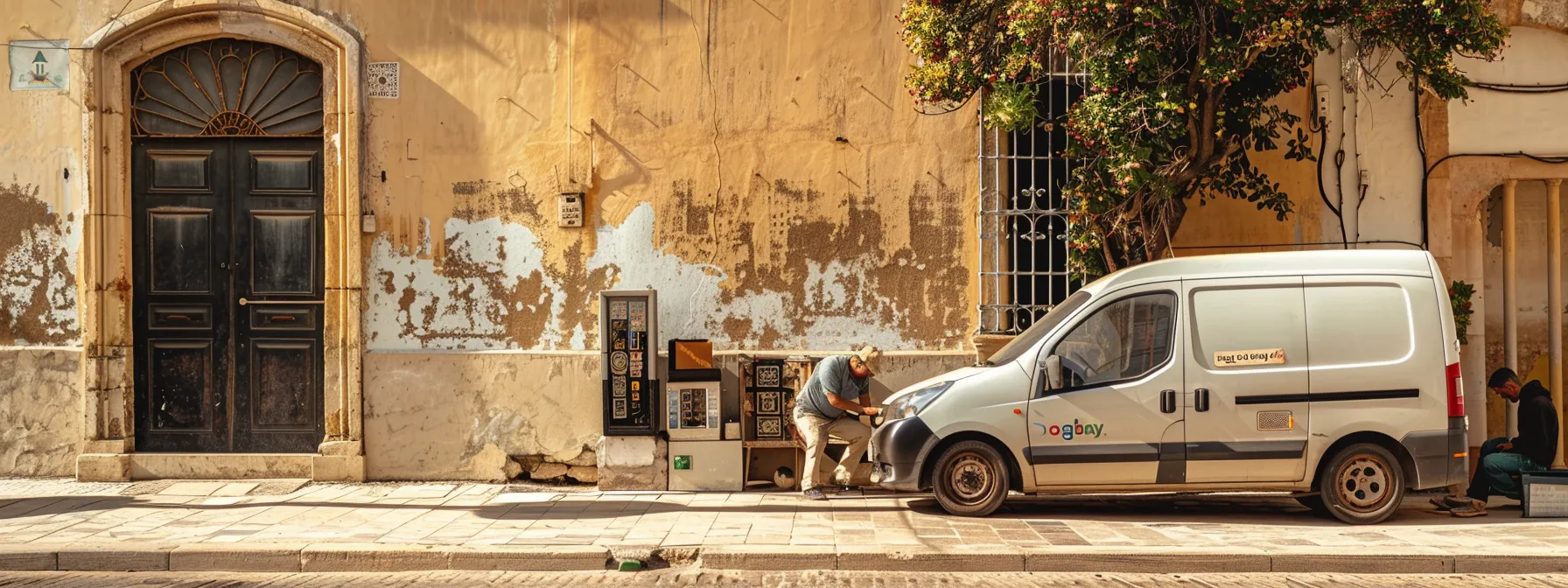un cerrajero trabajando en una cerradura complicada frente a una casa antigua en cádiz, con reseñas positivas de google visibles en su camioneta.