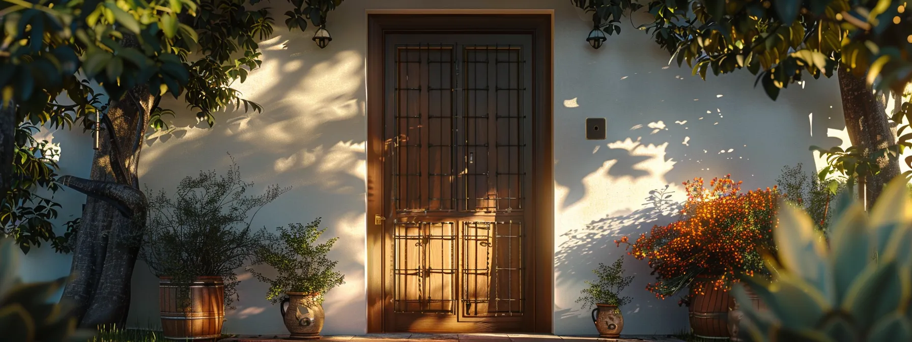 una puerta de entrada principal con cerradura de seguridad reforzada y una ventana con rejas de protección en una casa rodeada de un hermoso jardín.