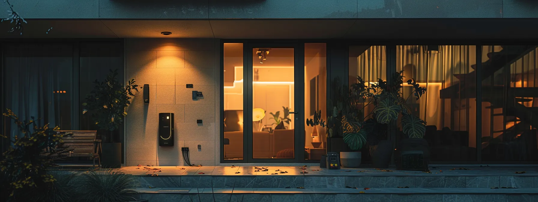 un hogar moderno y seguro con una cerradura inteligente conectada a un sistema domótico completo, acompañada de cámaras y sensores para una máxima protección y funcionalidad.