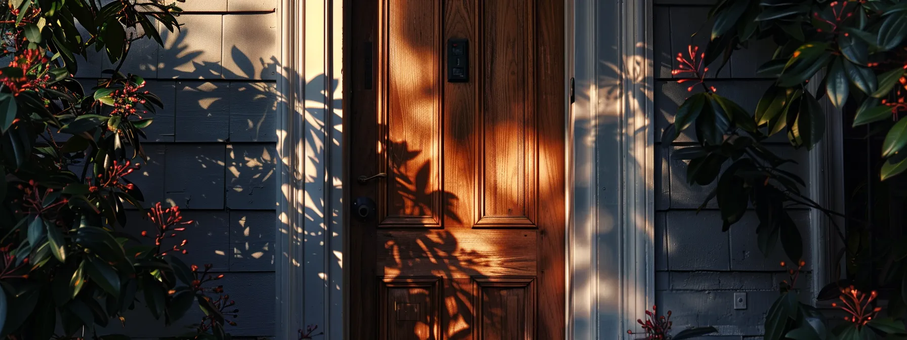una puerta de casa recién mudada con una cerradura moderna y segura, que refleja tranquilidad y confianza en el hogar.