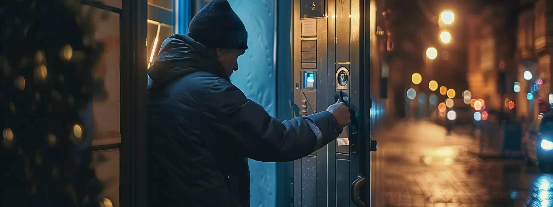 un cerrajero profesional trabajando de noche en abrir una puerta sin dañar la propiedad.