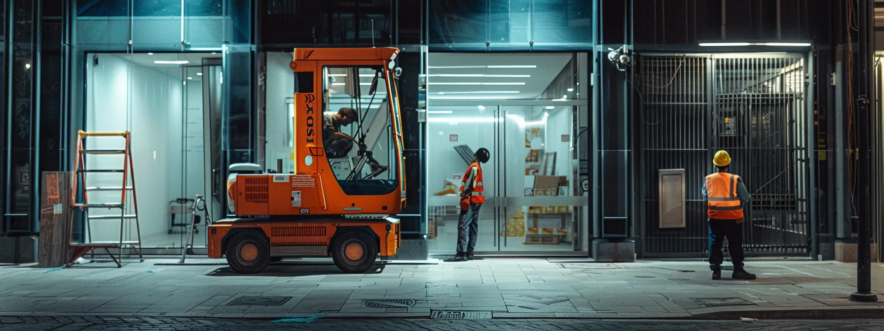 un cerrajero instalando un cerrojo de alta seguridad en la puerta principal de un local comercial.