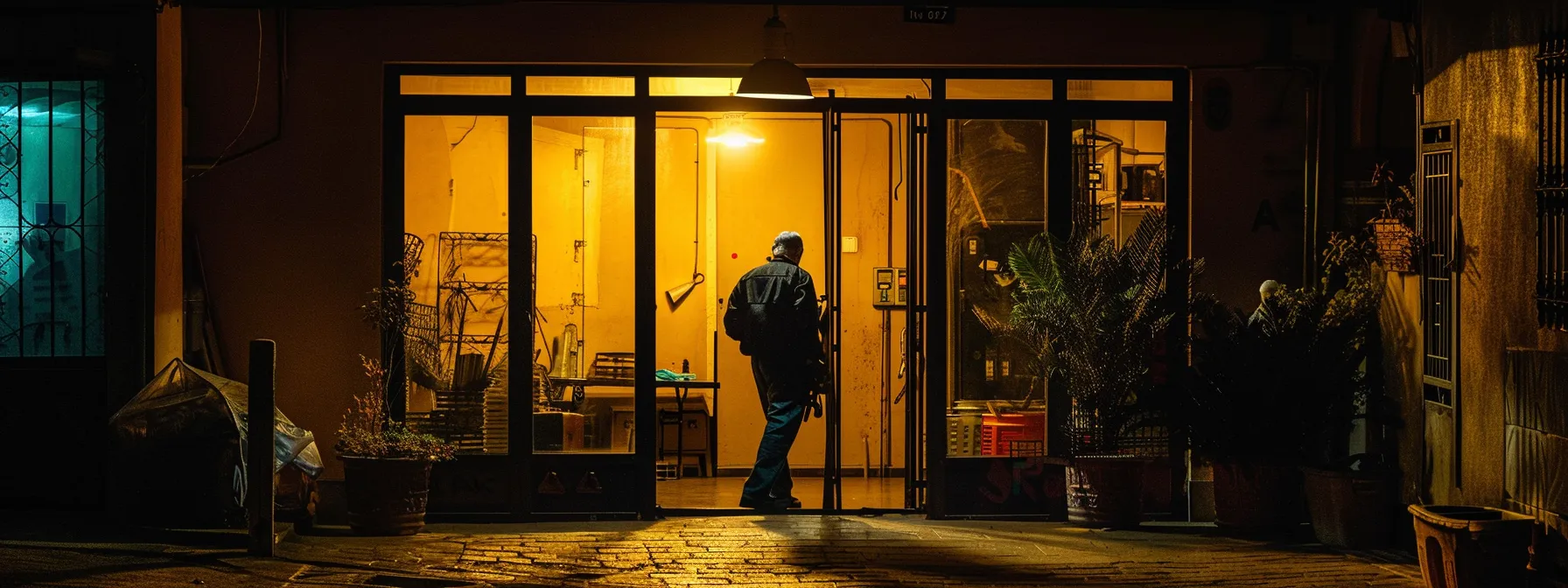 un cerrajero trabajando de noche en una puerta cerrada con una luz brillante iluminando su herramienta.
