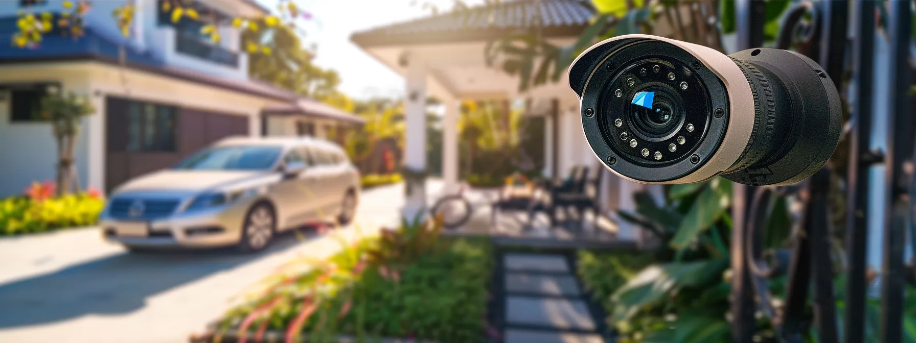 un hogar seguro con un moderno sistema de vigilancia instalado en la entrada.