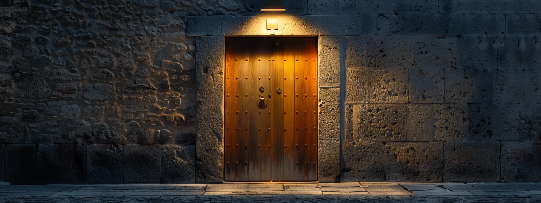 una puerta con cerradura de alta seguridad y escudo protector antitaladro, iluminada por una luz exterior en una comunidad vigilante.
